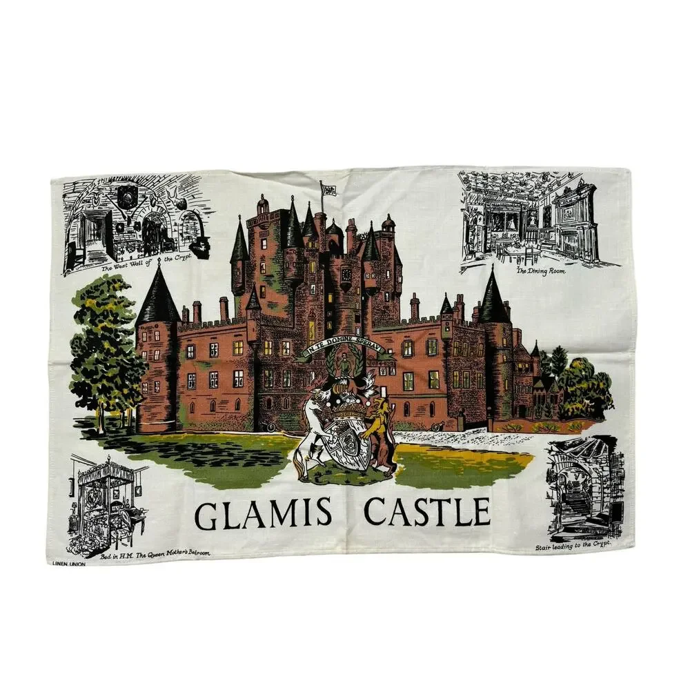 Vintage Glamis Castle Scotland Tea Towel Dishcloth UK Linen Union Brown Green